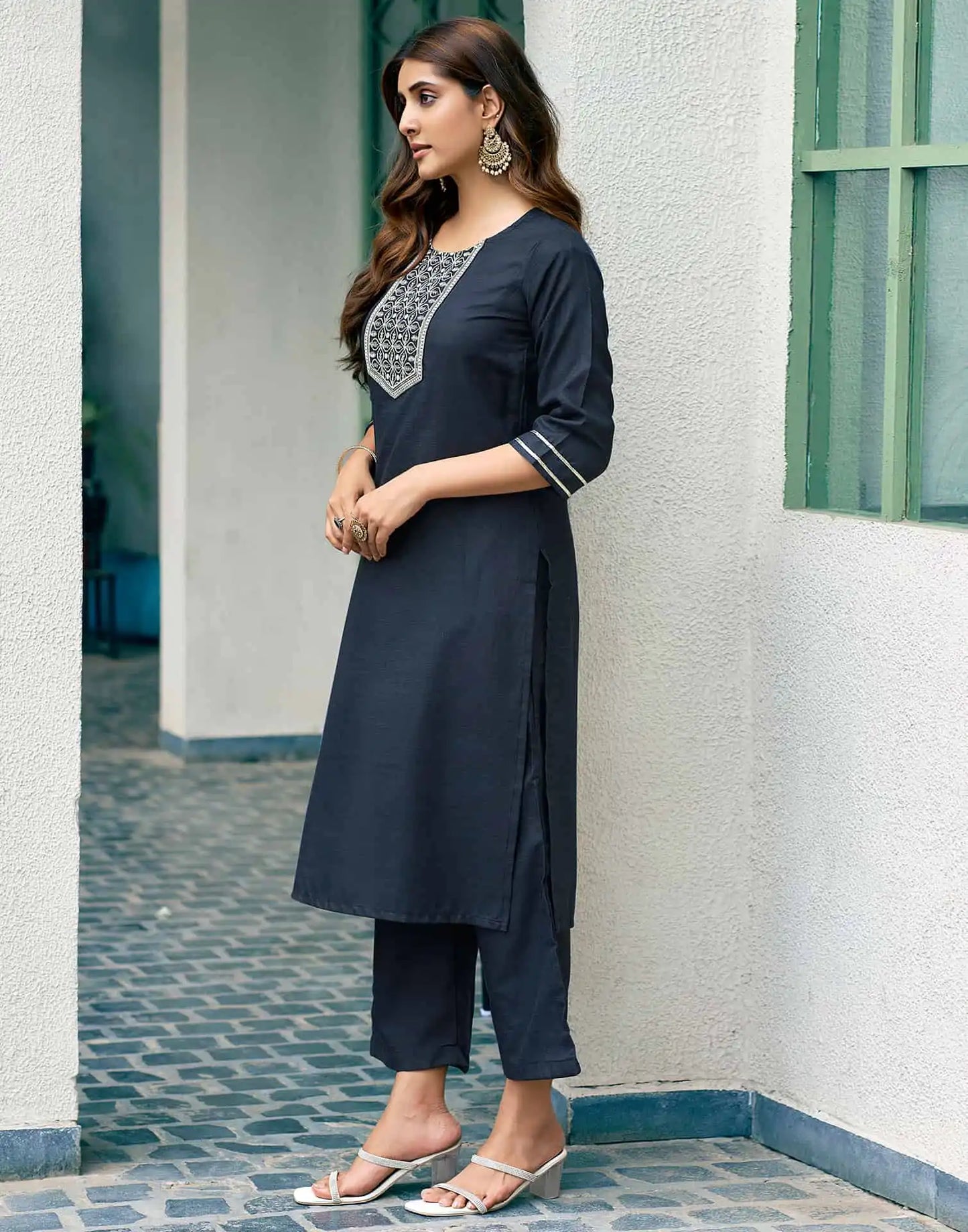 Cotton Blend Embroidered Straight Kurta with Pant & Dupatta