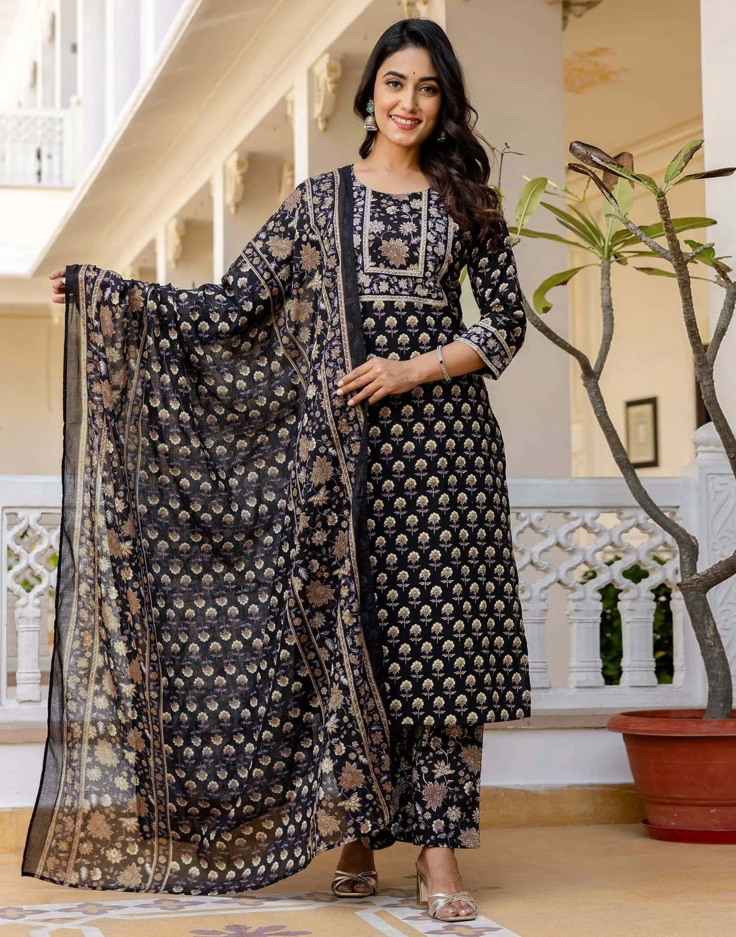Cotton Printed Straight Kurta with Pant & Dupatta
