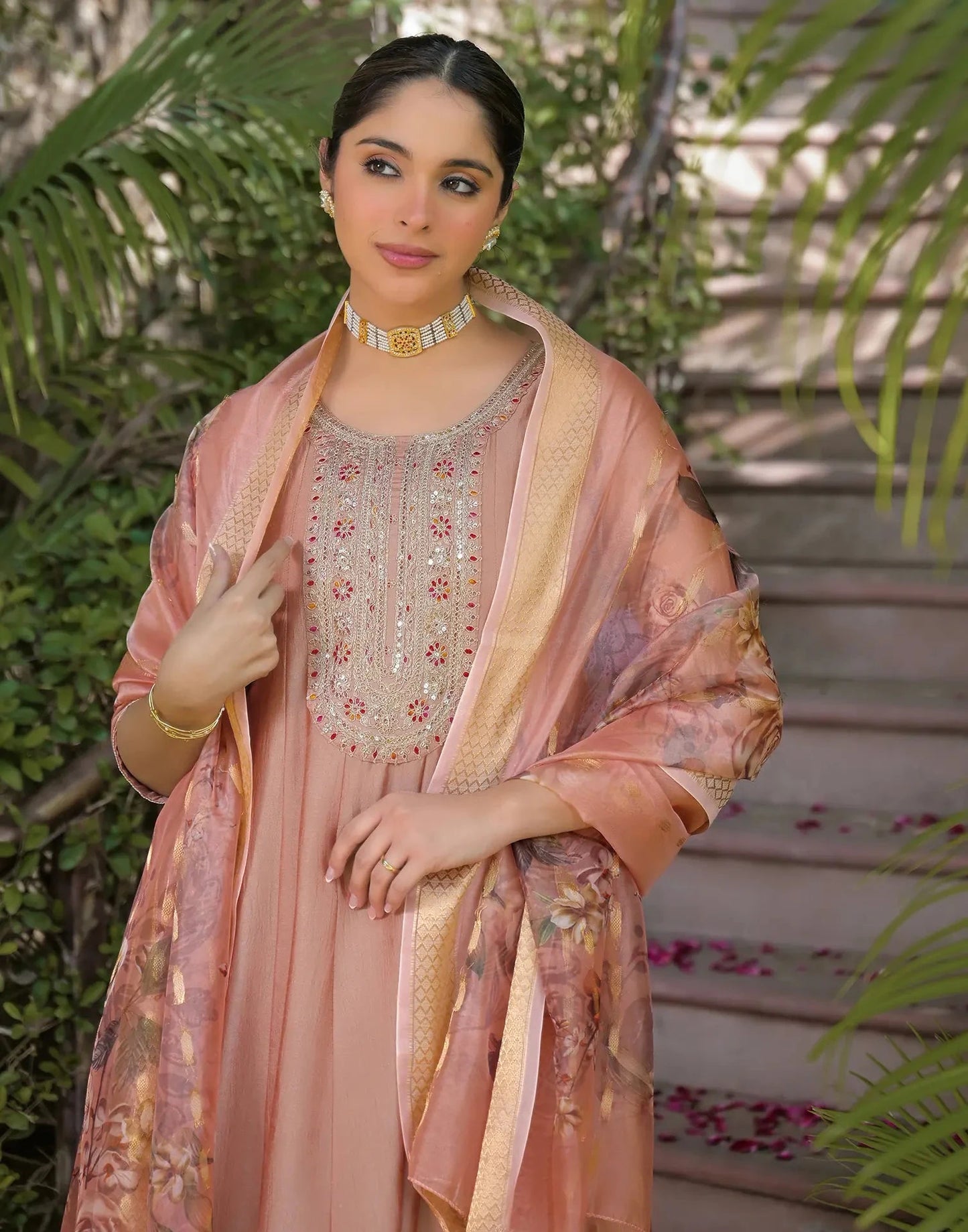 Silk Embroidered Round Neck Flared Kurta with Pant & Dupatta