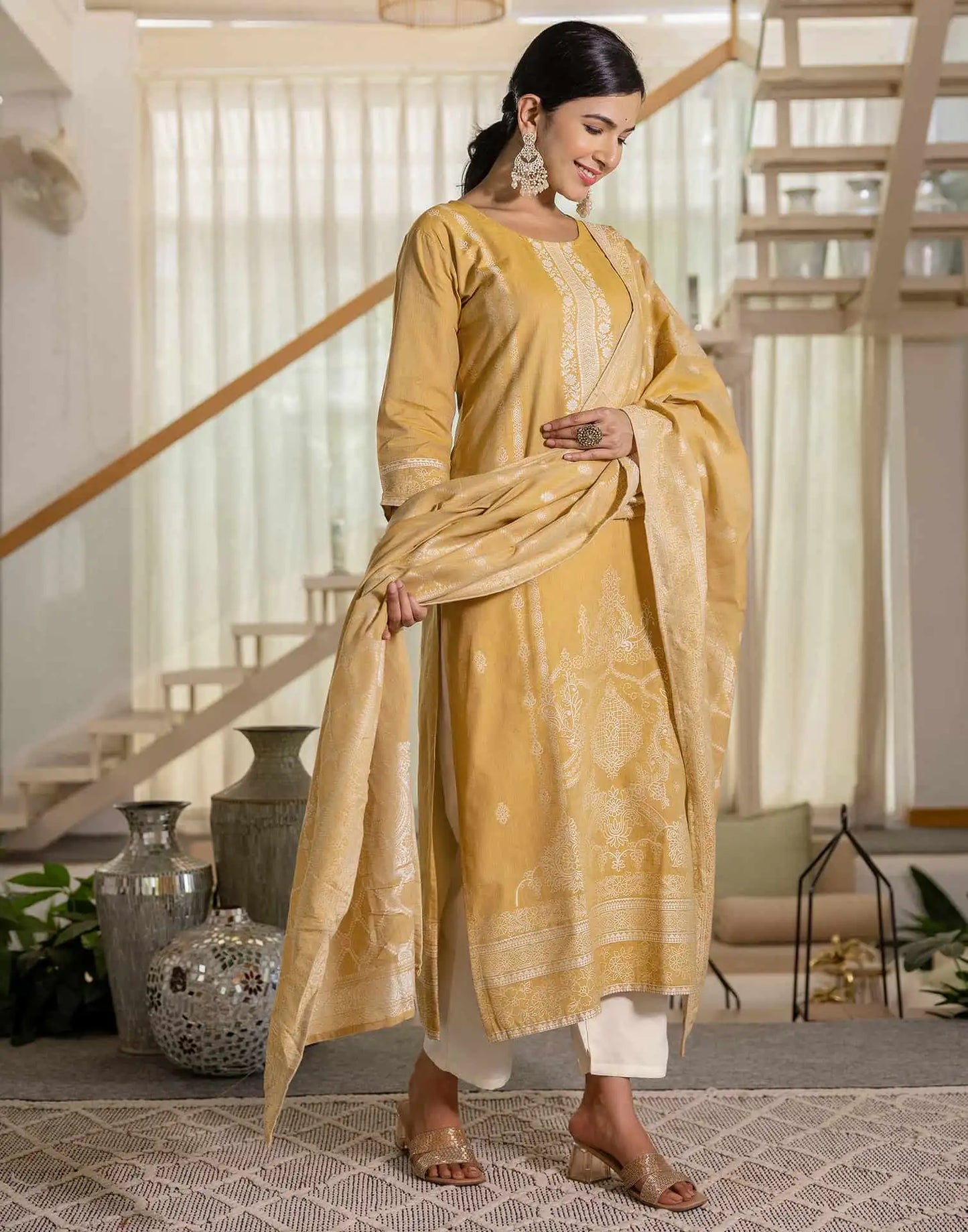 Affordable Beige Cotton Woven Straight Kurta Set Round-Neck Woven Cotton Kurti with Pant & Dupatta