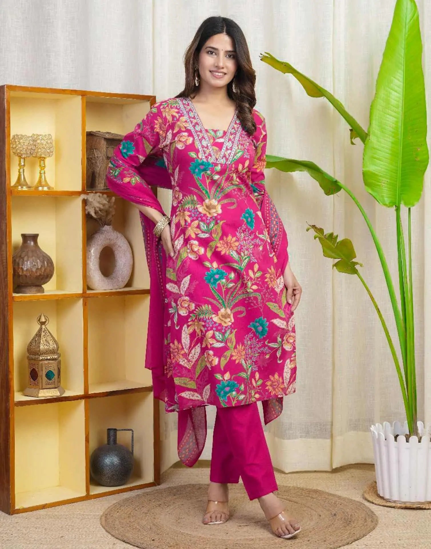 Pink Cotton Printed Straight Kurta Set with Pant & Dupatta for Women under 999