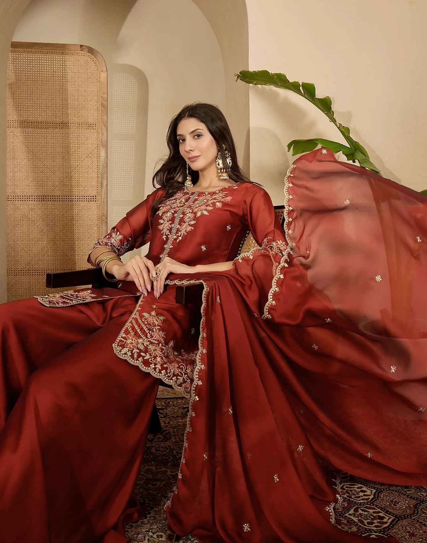 Silk Straight Embroidery Round Neck Kurta with Pant & Dupatta