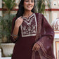 Skylee Brown silk straight kurta set with embroidery and sequins work with pant and dupatta