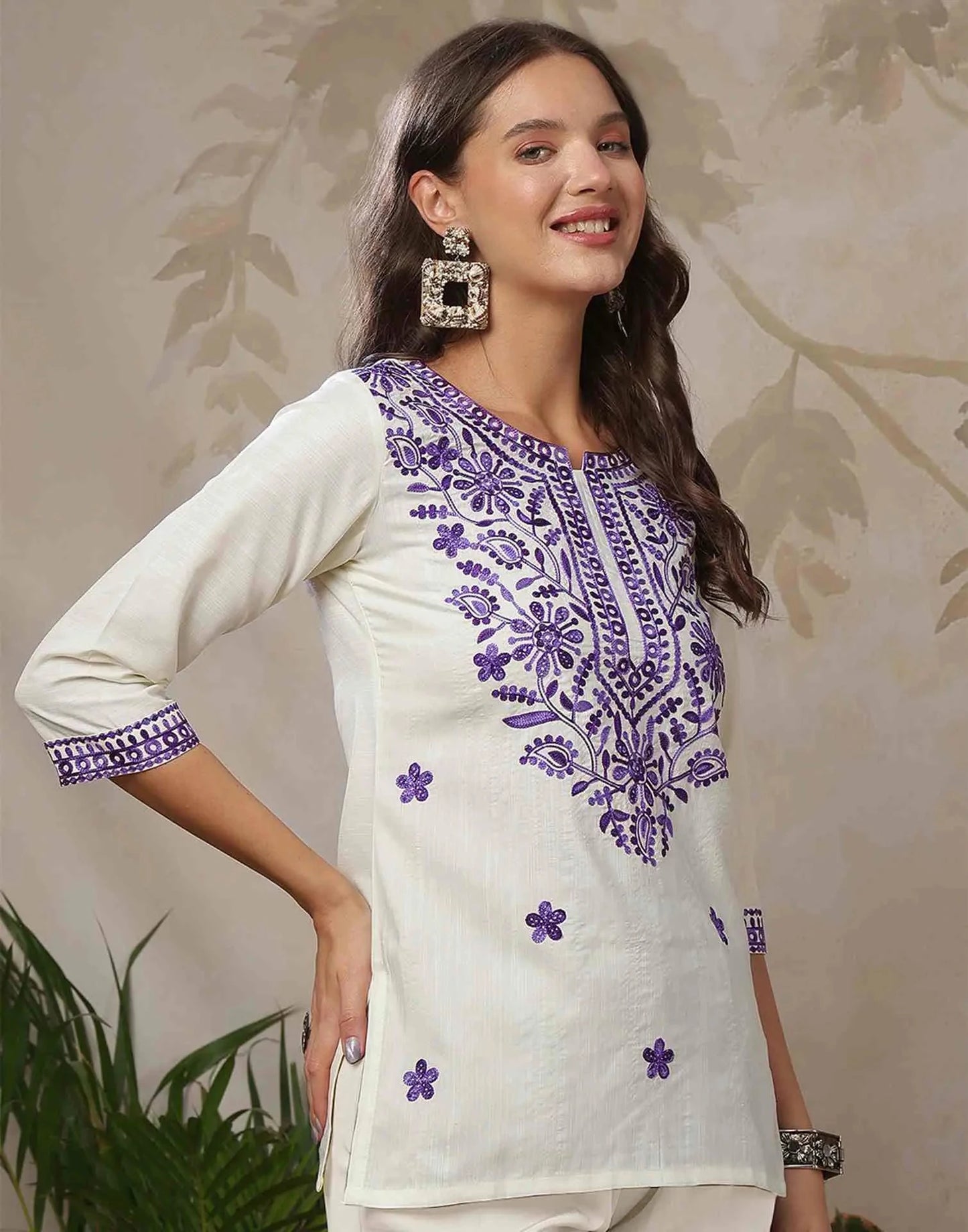 Cotton Blend Chikankari Straight Round Neck Short Kurti