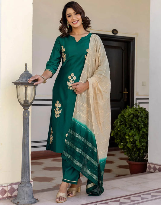 Green Cotton Printed Straight Kurta Set with Pant & Dupatta for Women