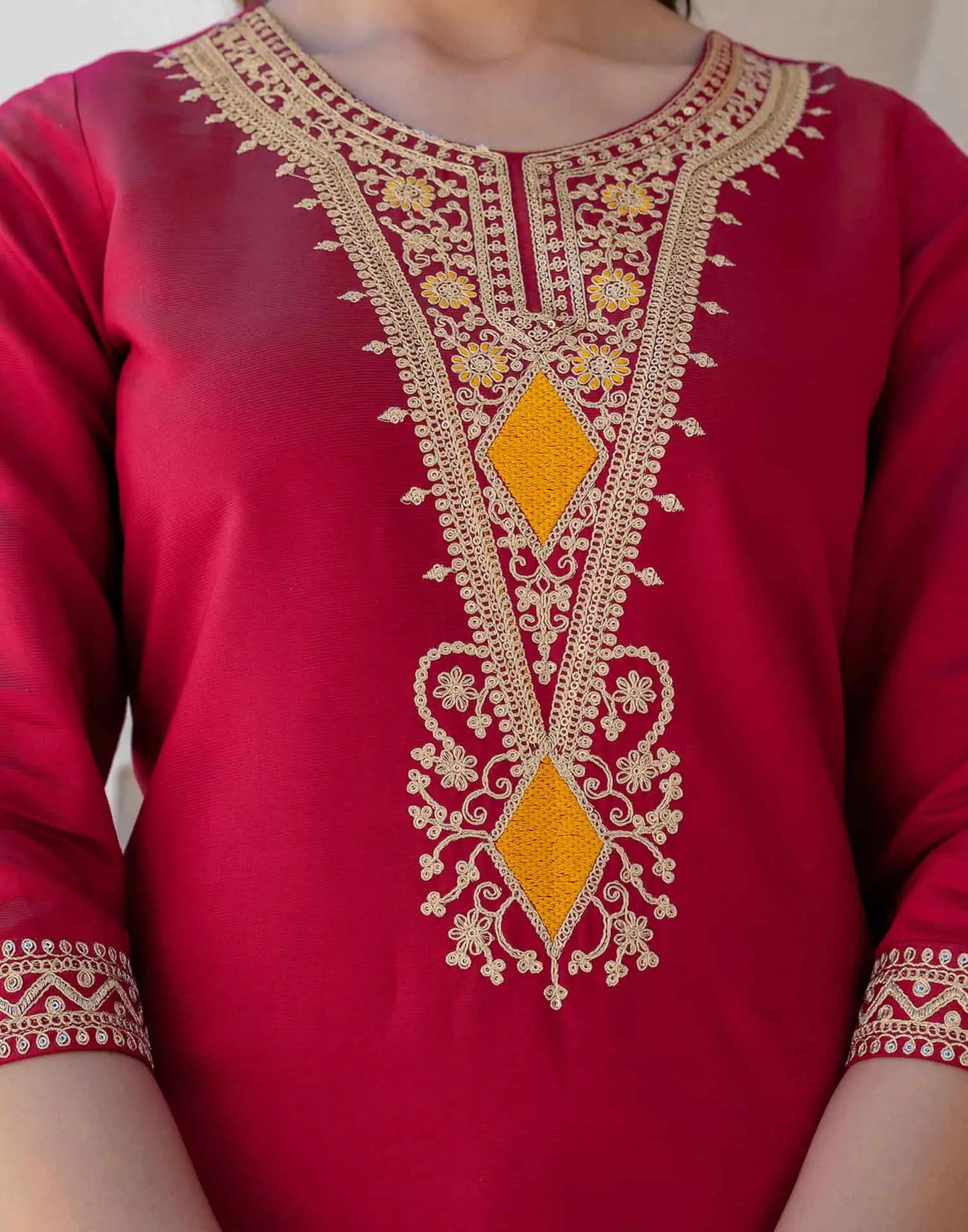 Cotton Blend Embroidery and Sequins Work Straight Kurta with Pant & Dupatta