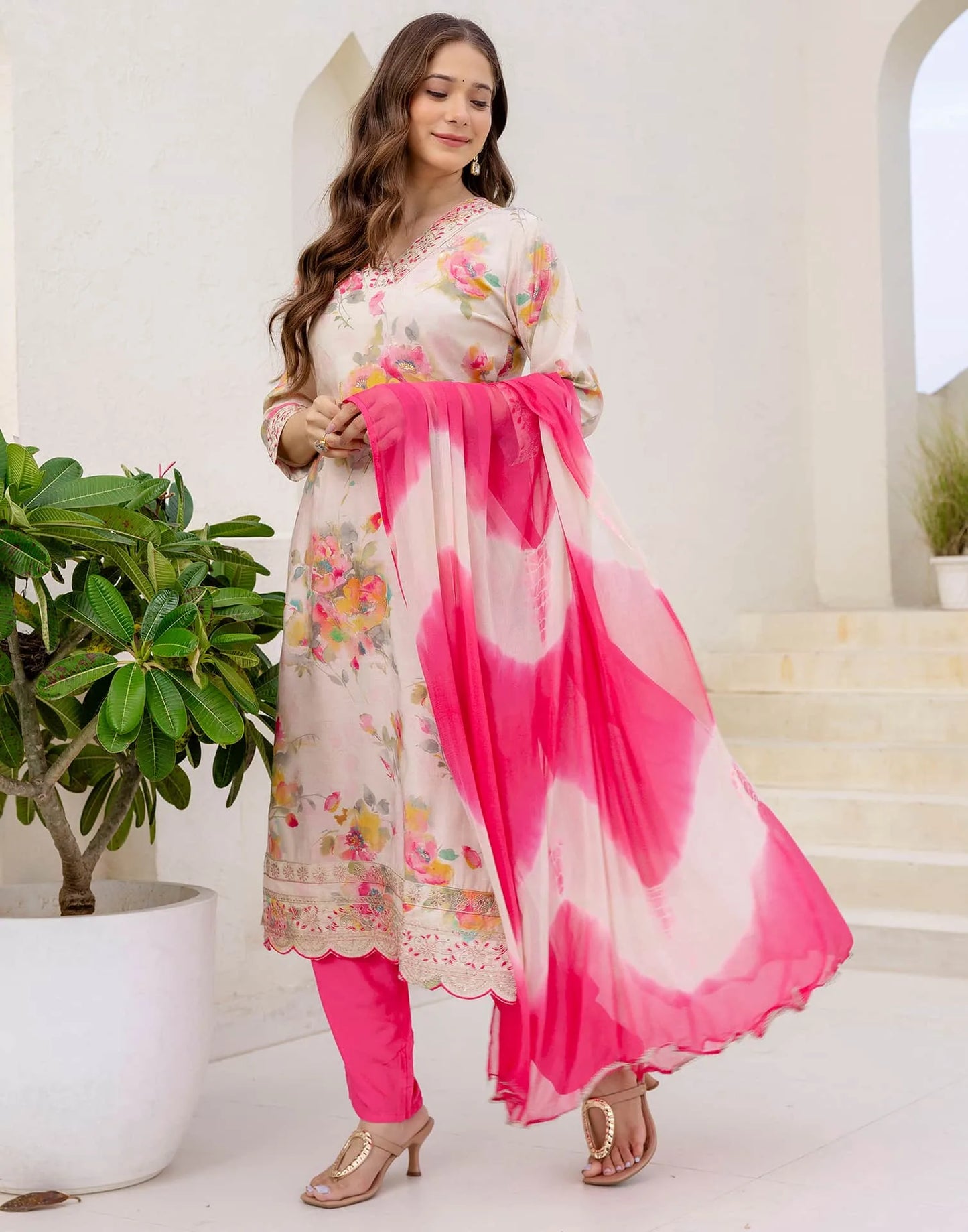 Cotton Blend Printed Straight Kurta with Pant & Dupatta