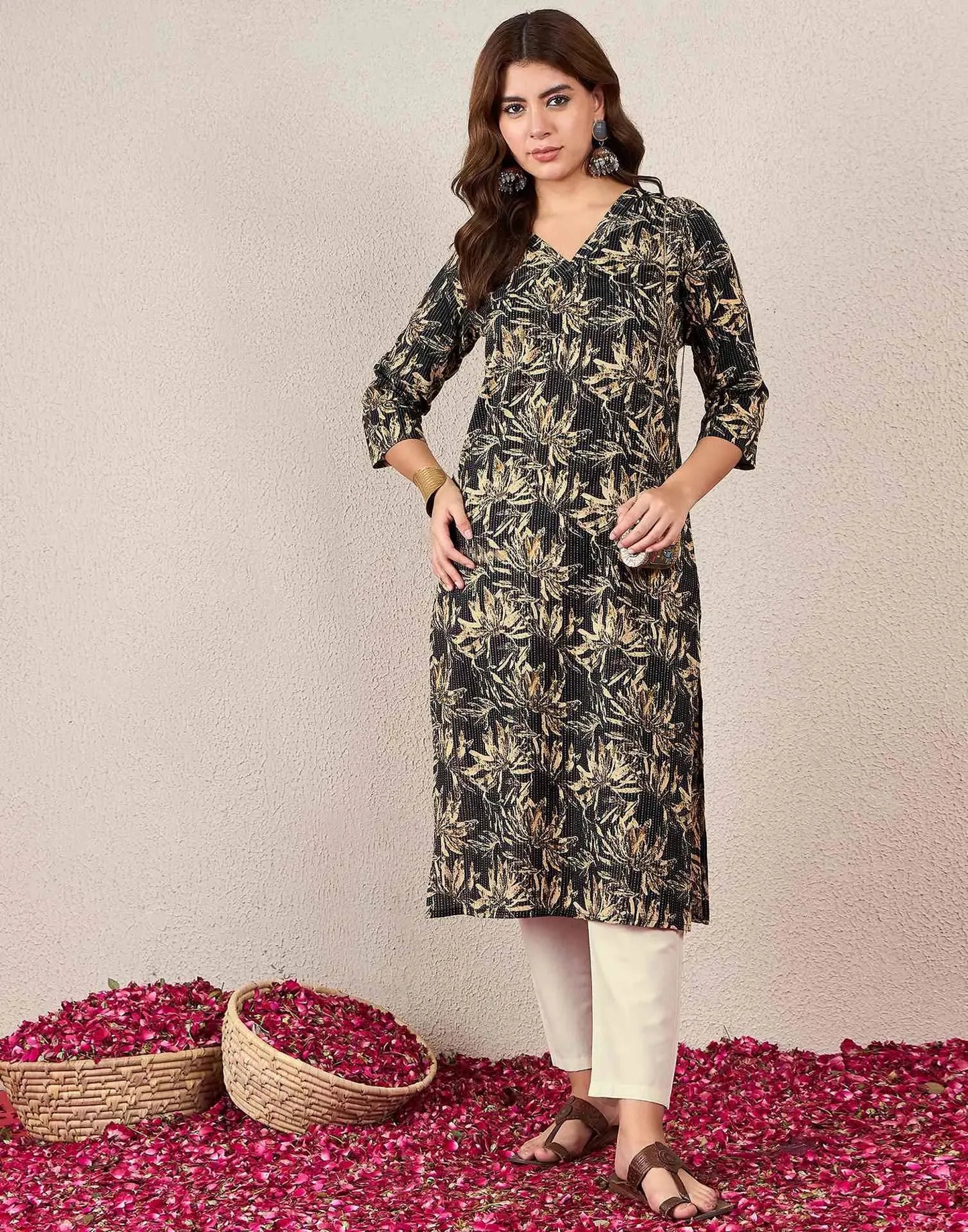 Cotton Embroidered Straight V-Neck Kurti