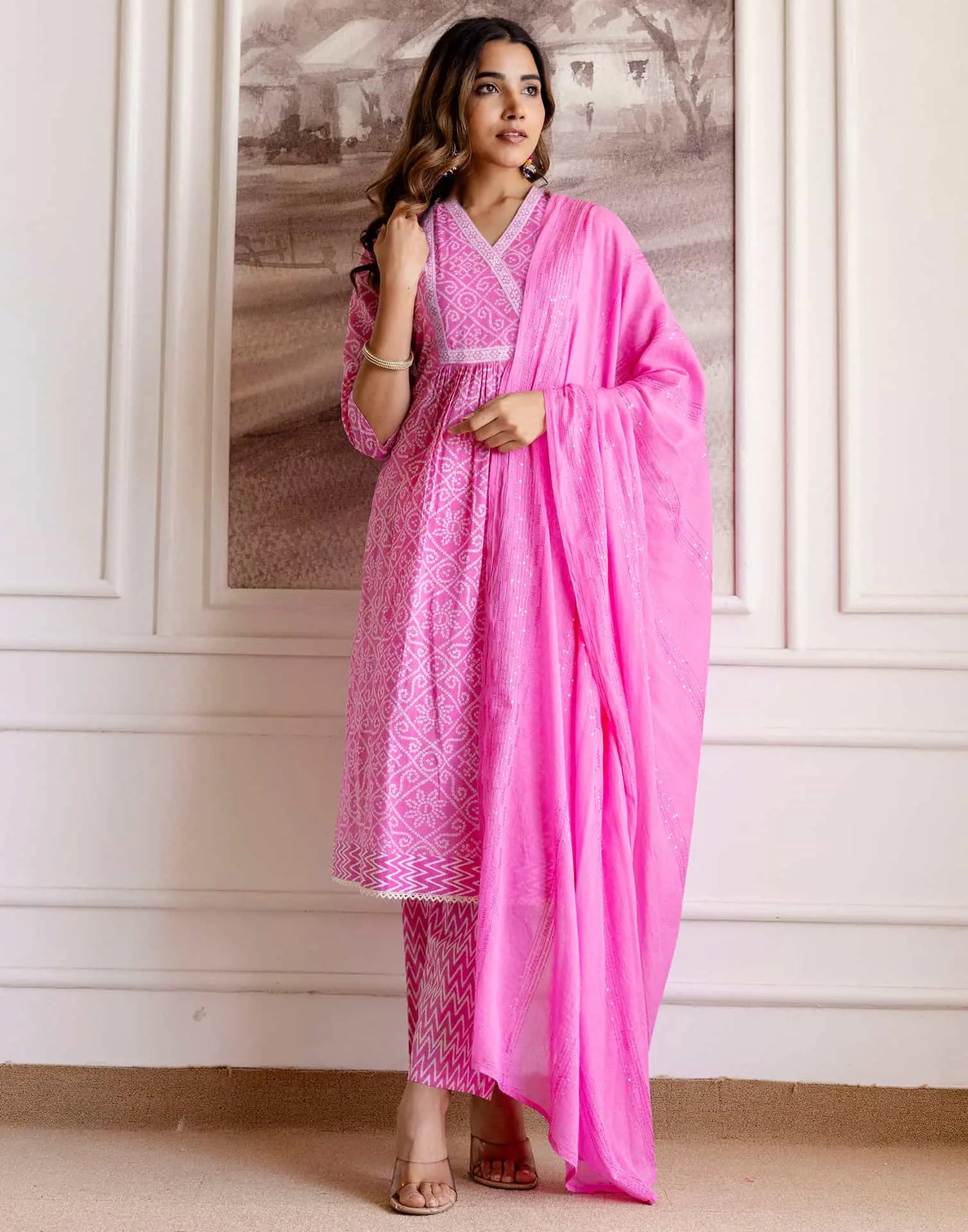 Skylee Pink Cotton Printed Anarkali Kurta Set for Women