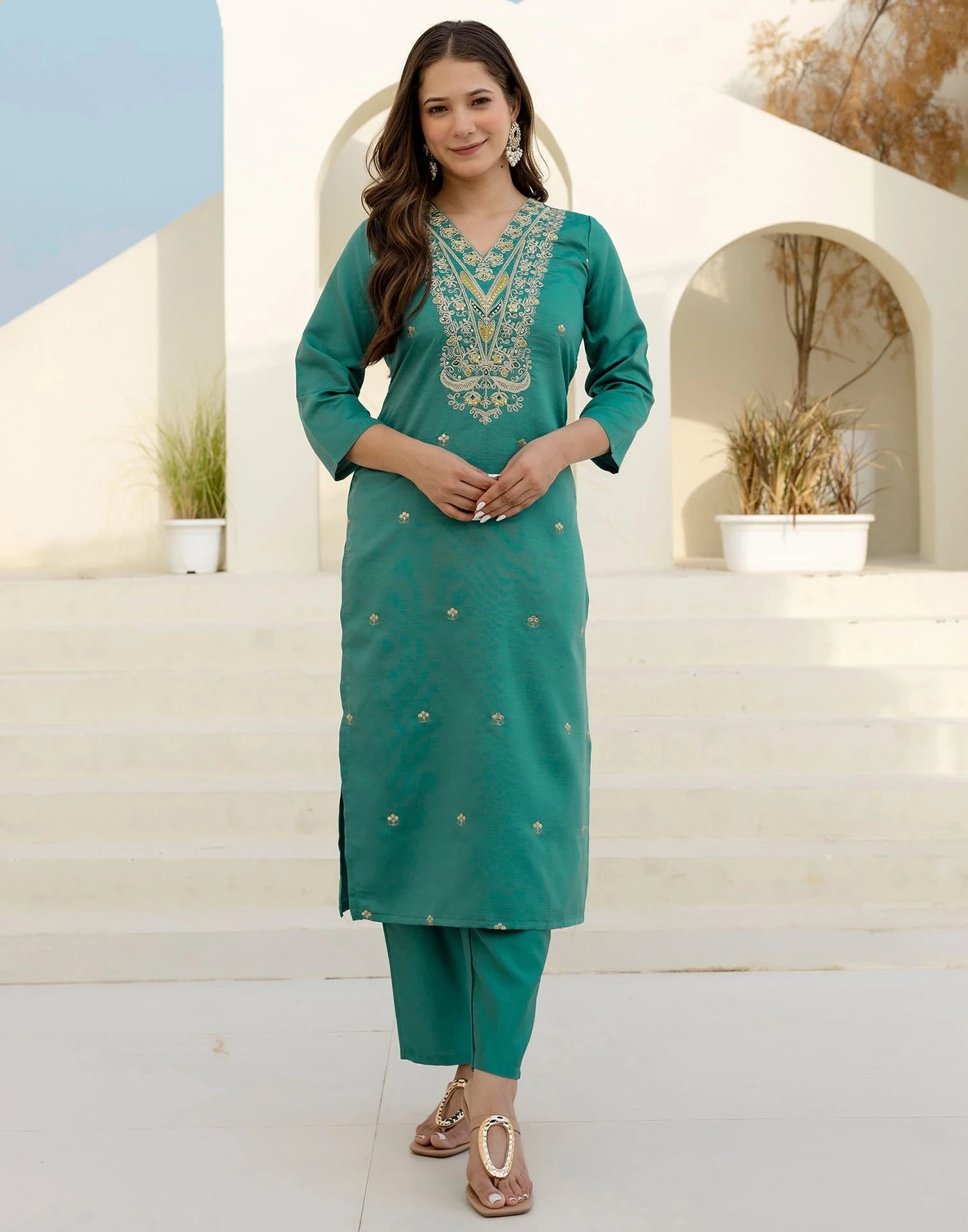 Affordable Green Silk Embroidered Straight Kurta Set V-Neck Silk Kurti with Pant & Dupatta