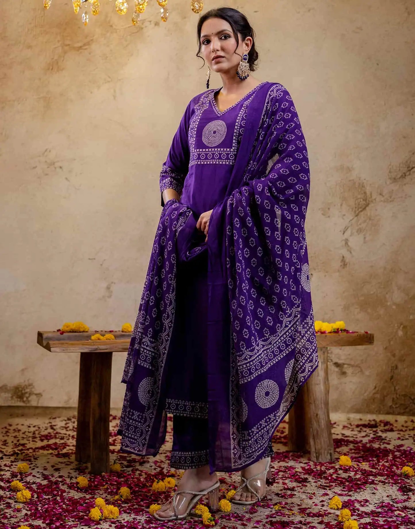 Affordable Purple Cotton Printed Straight Kurta Set Bandhani Print
