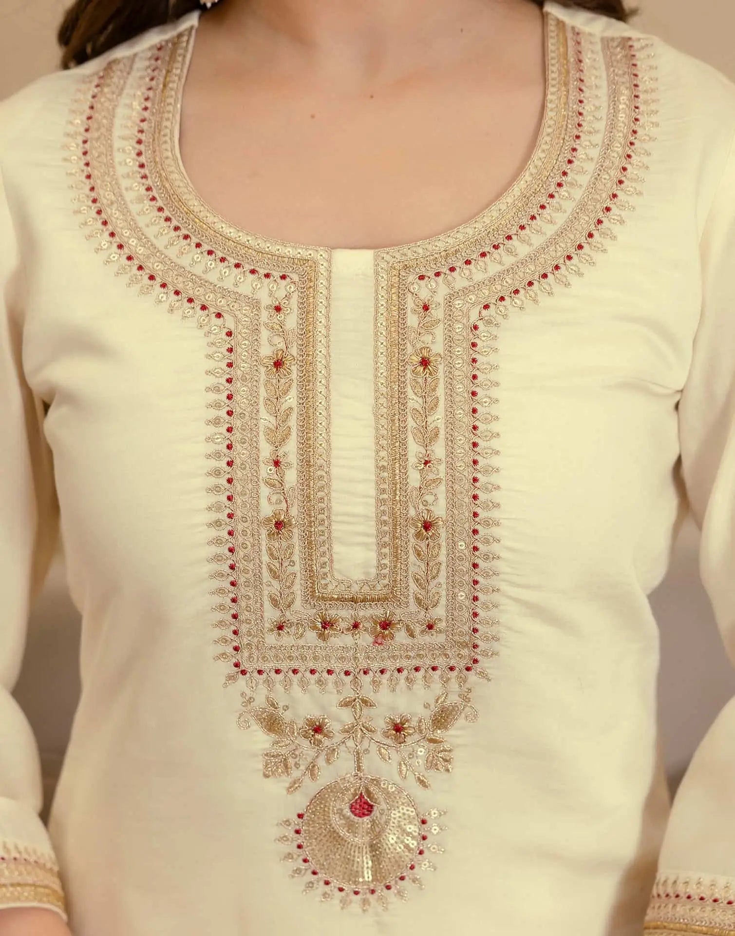 Affordable Beige Silk Embroidered Straight Kurta Set under 1299