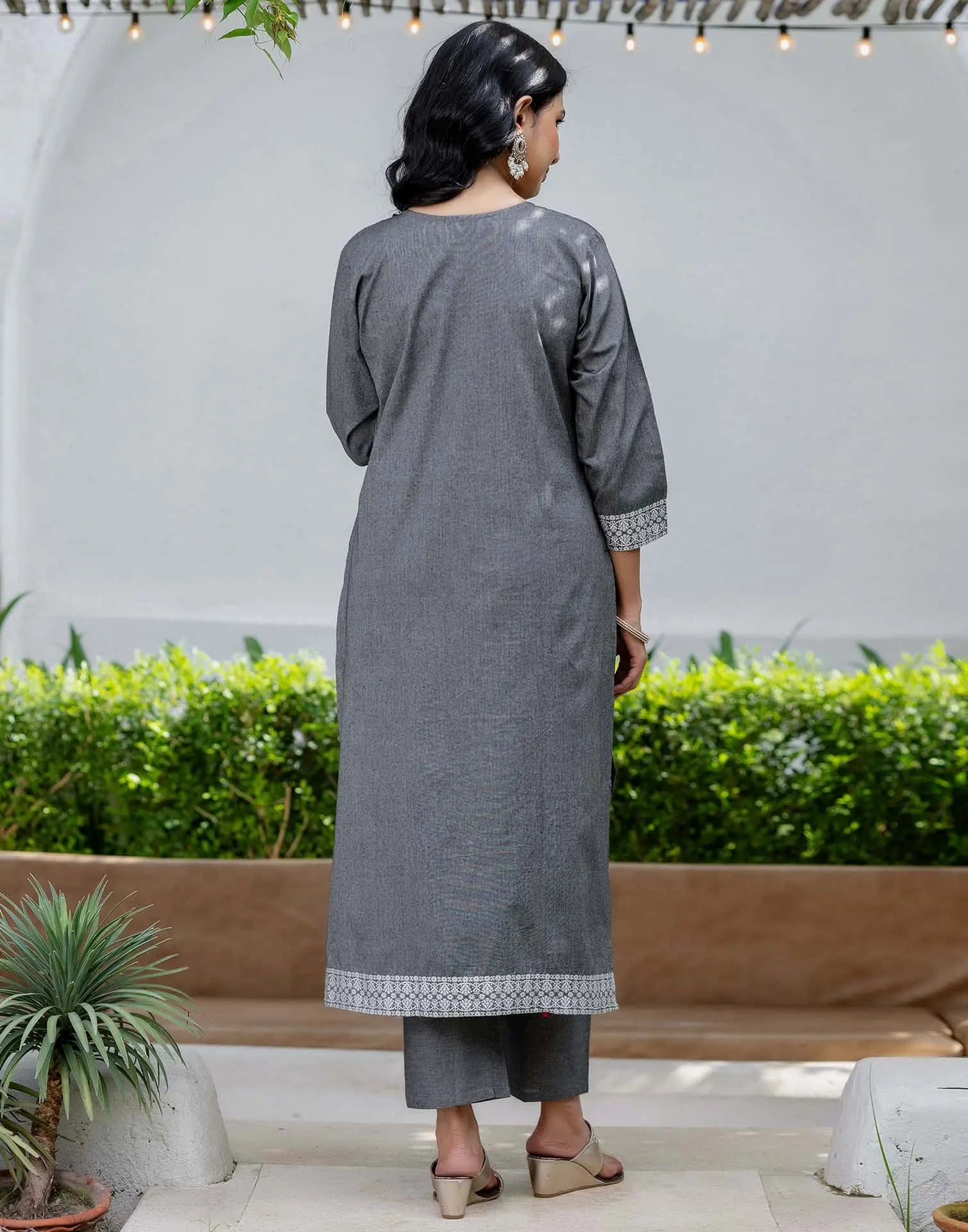 Grey Cotton Woven Straight Kurta Set with Pant & Dupatta under 1250 