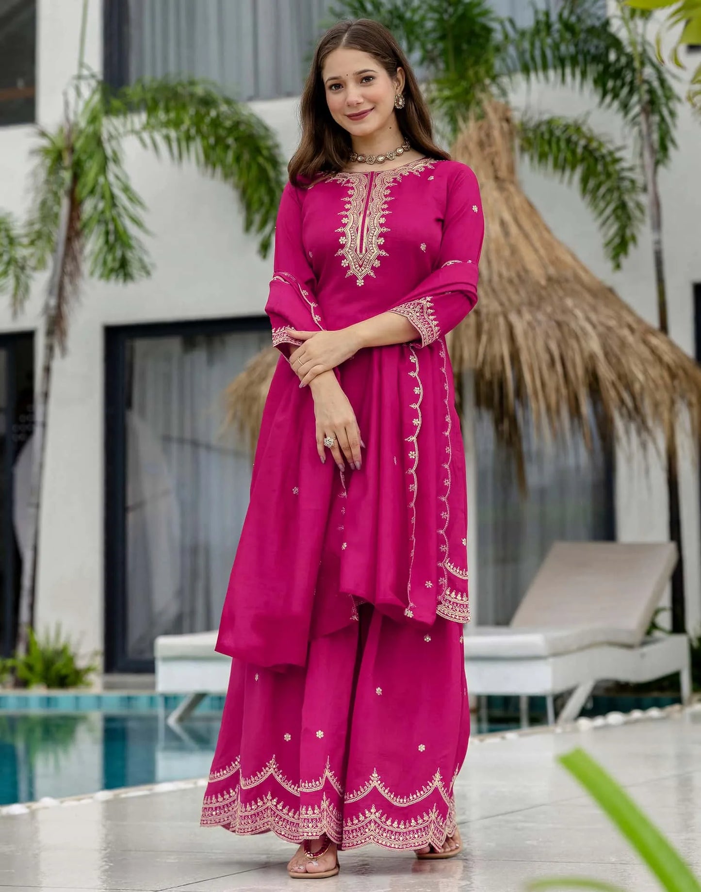 Silk Embroidered Straight Kurta with Pant & Dupatta