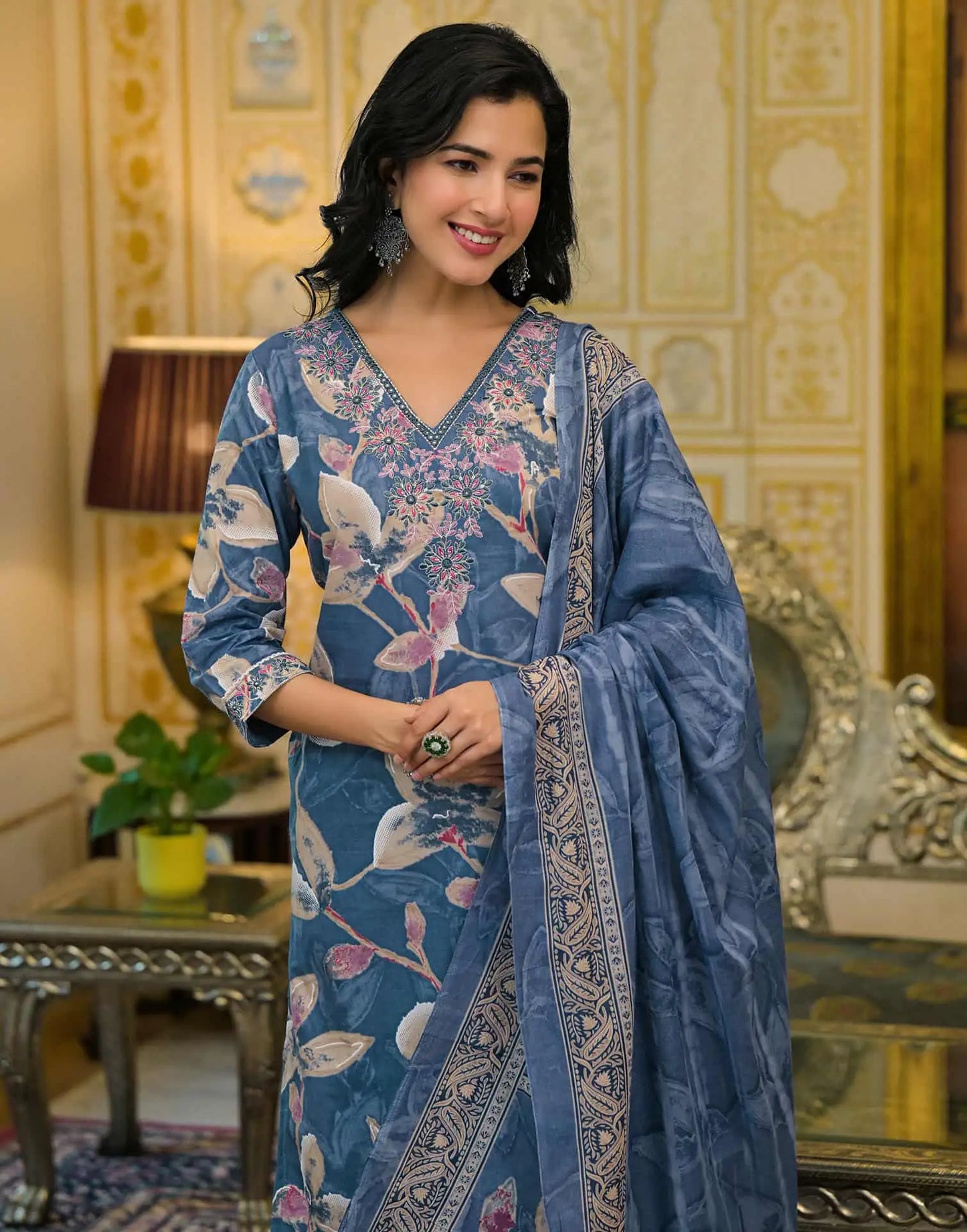 Cotton Straight Printed V-Neck Kurta with Pant & Dupatta