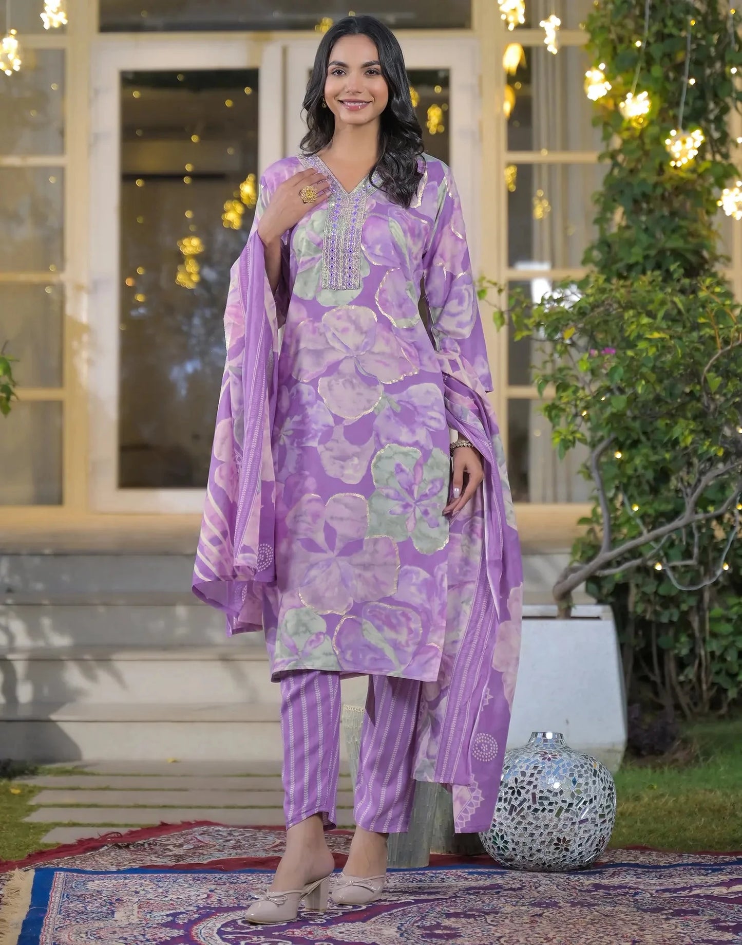 Rayon Printed V-Neck Straight Kurta with Pant & Dupatta