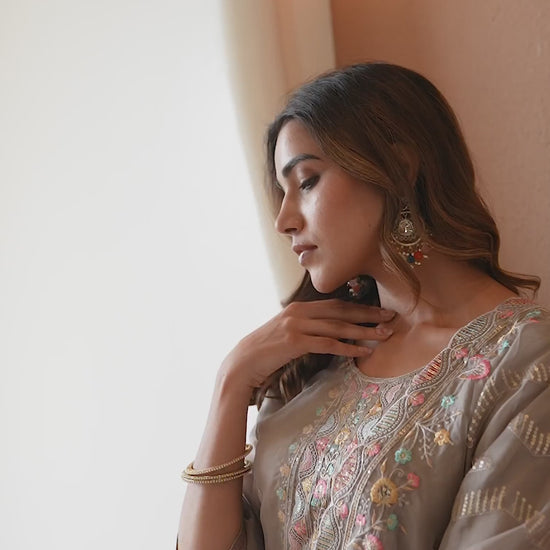 Grey Silk Embroidered Straight Kurta Set with Pant & Dupatta for Women Festive & Wedding Wear