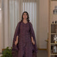 Dark Purple Silk Floral Printed V Neck 3/4 Sleeve Straight Kurta Set With Pant & Dupatta