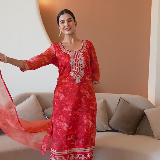 Red Organza Printed Straight Kurta Set with Pant & Dupatta for Women  Festive & Karwa Chauth Special