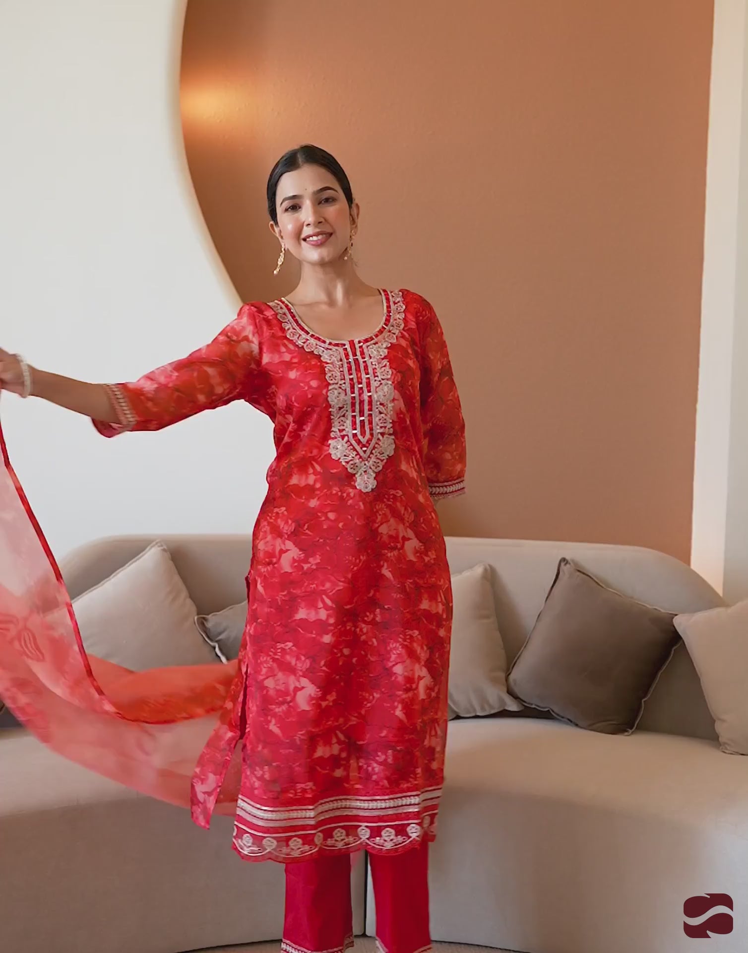 Red Organza Printed Straight Kurta Set with Pant & Dupatta for Women  Festive & Karwa Chauth Special