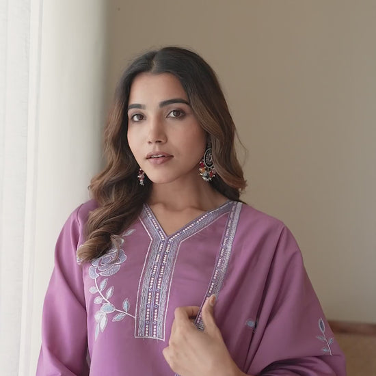 Purple Silk Embroidered Straight Kurta Set with Pant & Dupatta for Women Office & Casual Wear under 1299