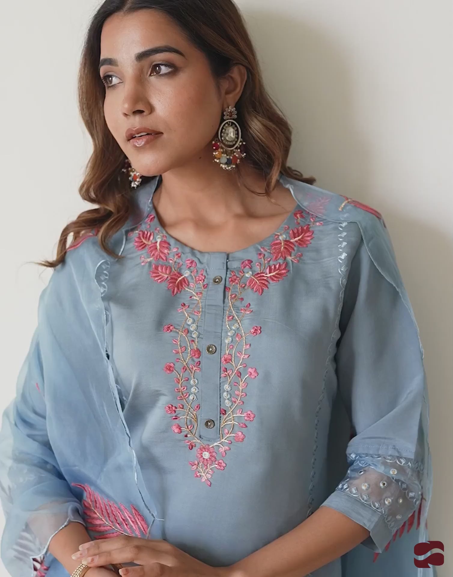 Grey Silk Embroidered Straight Kurta Set with Pant & Dupatta