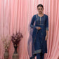 Blue Silk Plain Round Neck 3/4 Sleeve Straight Kurta Set With Pant & Dupatta