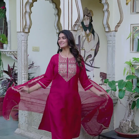 Maroon silk straight kurta set with dupatta under 799 festive wear
