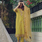 Mustard Yellow Silk Plain Round Neck 3/4 Sleeve Straight Kurta Set With Pant & Dupatta