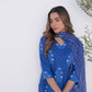 Dark Blue Silk Printed V Neck 3/4 Sleeve Straight Kurta Set With Pant & Dupatta