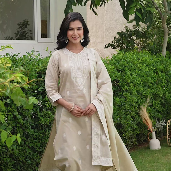 Beige Cotton Woven Straight Kurta Set with Pant & Dupatta under 1250