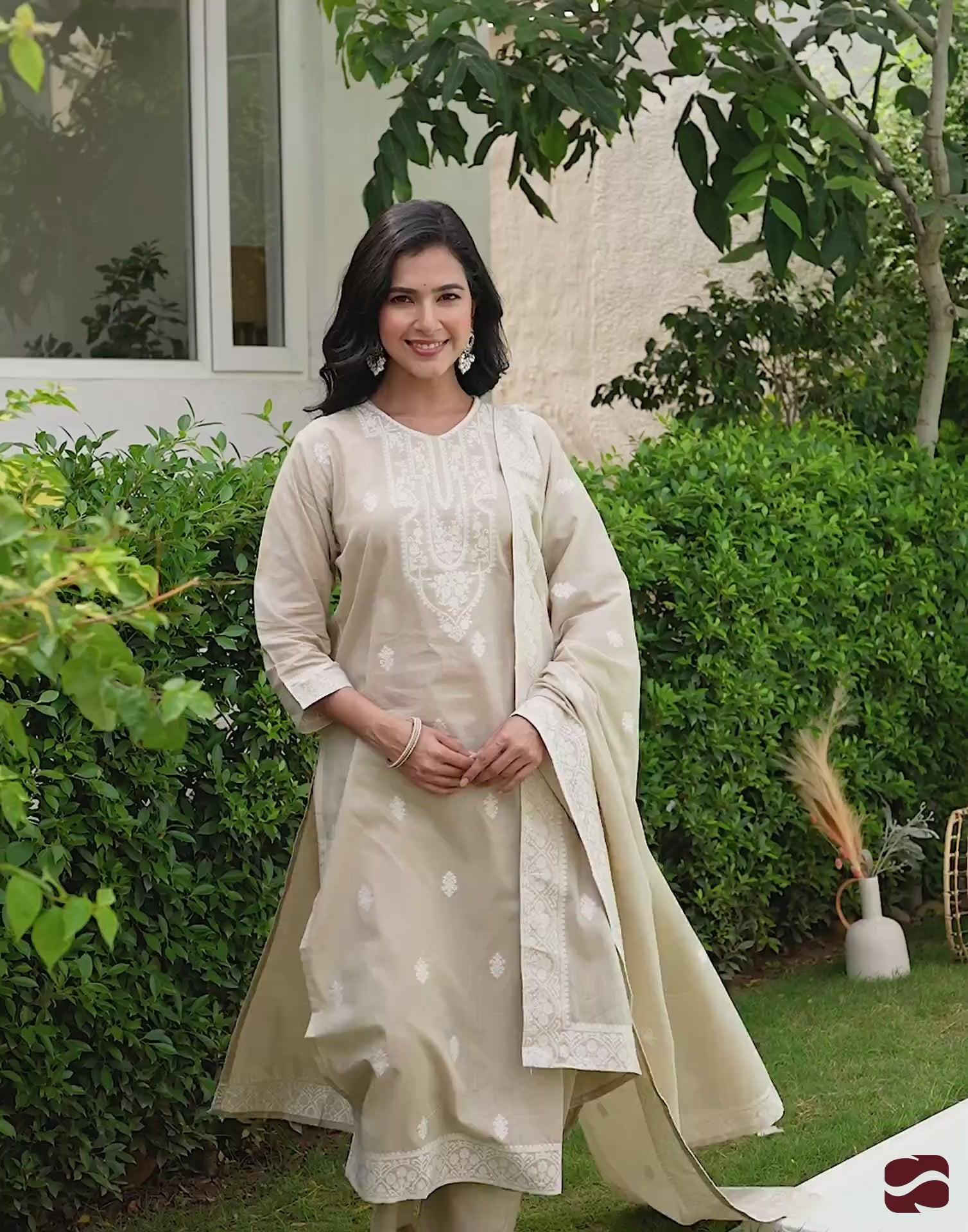 Beige Cotton Woven Straight Kurta Set with Pant & Dupatta under 1250
