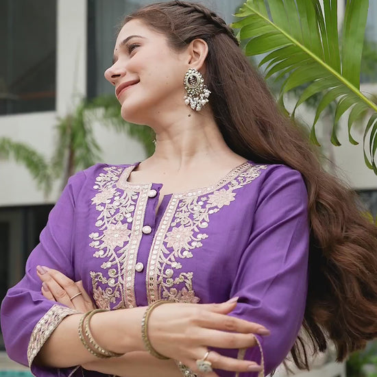 Purple Silk Embroidered Straight Kurta Set with Pant & Dupatta under 1299