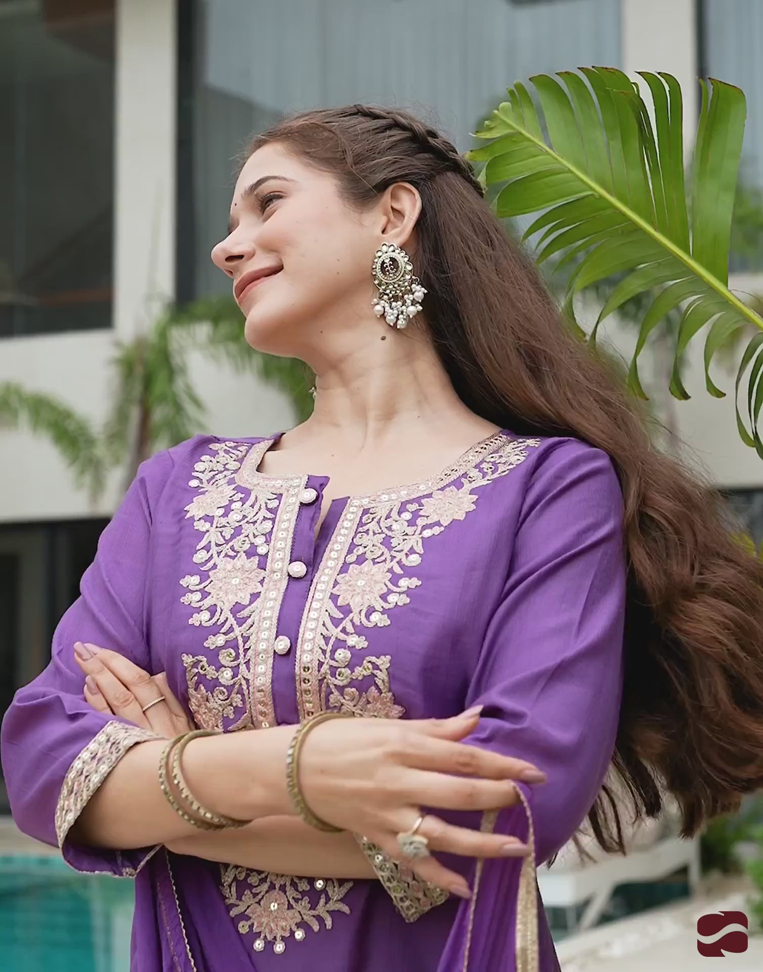 Purple Silk Embroidered Straight Kurta Set with Pant & Dupatta under 1299
