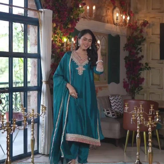 Blue Silk Embroidered Straight Kurta Set with Pant & Dupatta under 1250