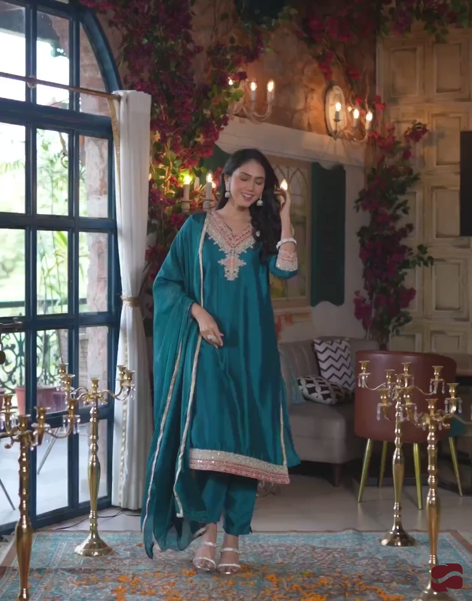 Blue Silk Embroidered Straight Kurta Set with Pant & Dupatta under 1250