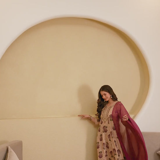 Beige Cotton Printed Anarkali Kurta Set with Pant & Dupatta under 1299 