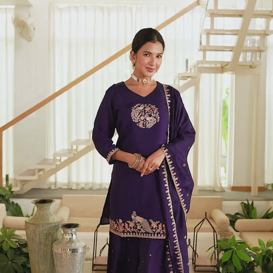 Elegant Purple Silk Embroidered Kurta Set with Sharara & Dupatta Perfect Diwali & Wedding Ethnic Wear
