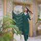 Dark Green Silk Sequence V Neck 3/4 Sleeve Straight Kurta Set With Pant & Dupatta