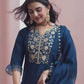 Navy Blue Silk Plain V Neck 3/4 Sleeve Straight Kurta Set With Pant & Dupatta
