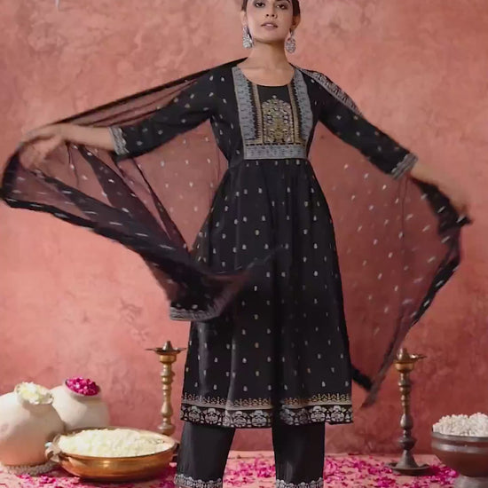 Black Cotton Printed Anarkali Kurta Set with Pant & Dupatta Festive Kurti Set Under 1299