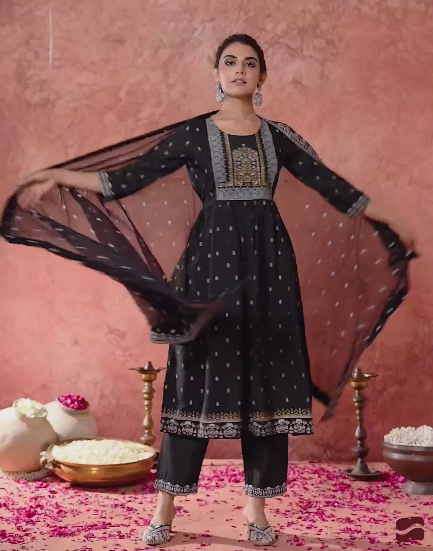 Black Cotton Printed Anarkali Kurta Set with Pant & Dupatta Festive Kurti Set Under 1299
