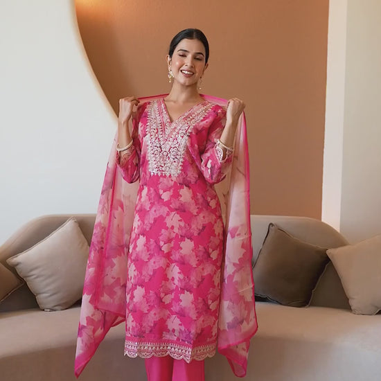 Pink Organza Printed Straight Kurta Set with Pant and Dupatta under 1299 