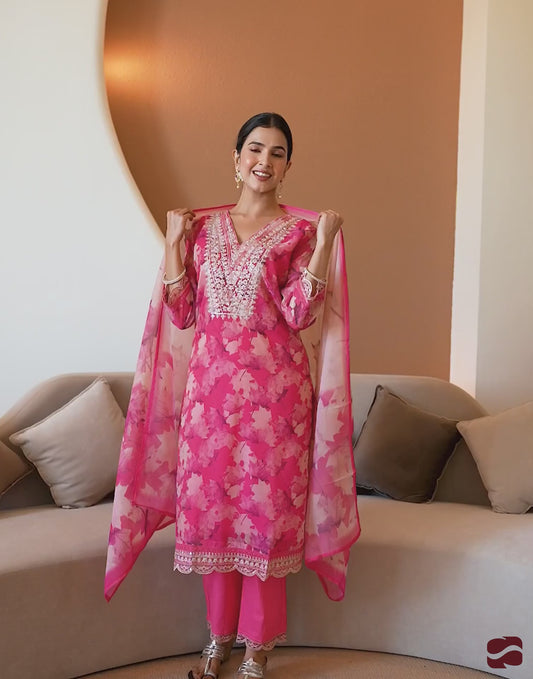 Pink Organza Printed Straight Kurta Set with Pant and Dupatta under 1299 