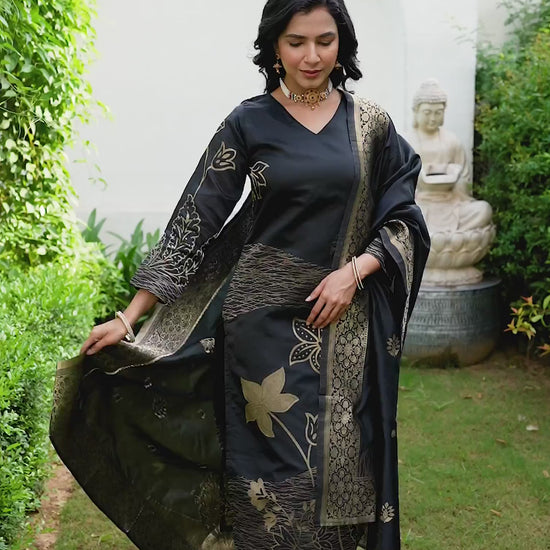 Black Silk Woven Straight Kurta Set with Pant & Dupatta under 999