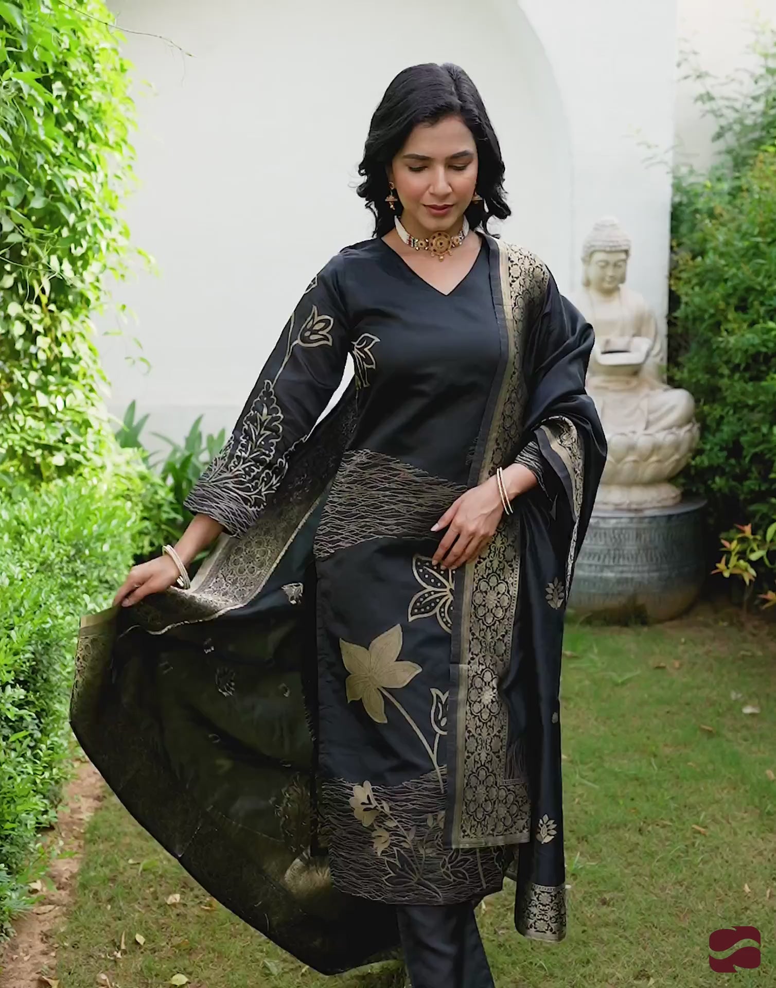 Black Silk Woven Straight Kurta Set with Pant & Dupatta under 999