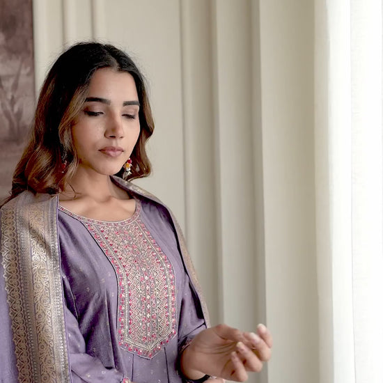Purple Silk Printed Anarkali Kurta Set with Pant & Dupatta for Women Affordable Embroidered Festive Wear