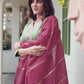Pista Green Silk Plain Round Neck 3/4 Sleeve Straight Kurta Set With Pant & Dupatta