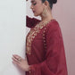 Maroon Silk Plain V Neck 3/4 Sleeve Straight Kurta Set With Pant & Dupatta