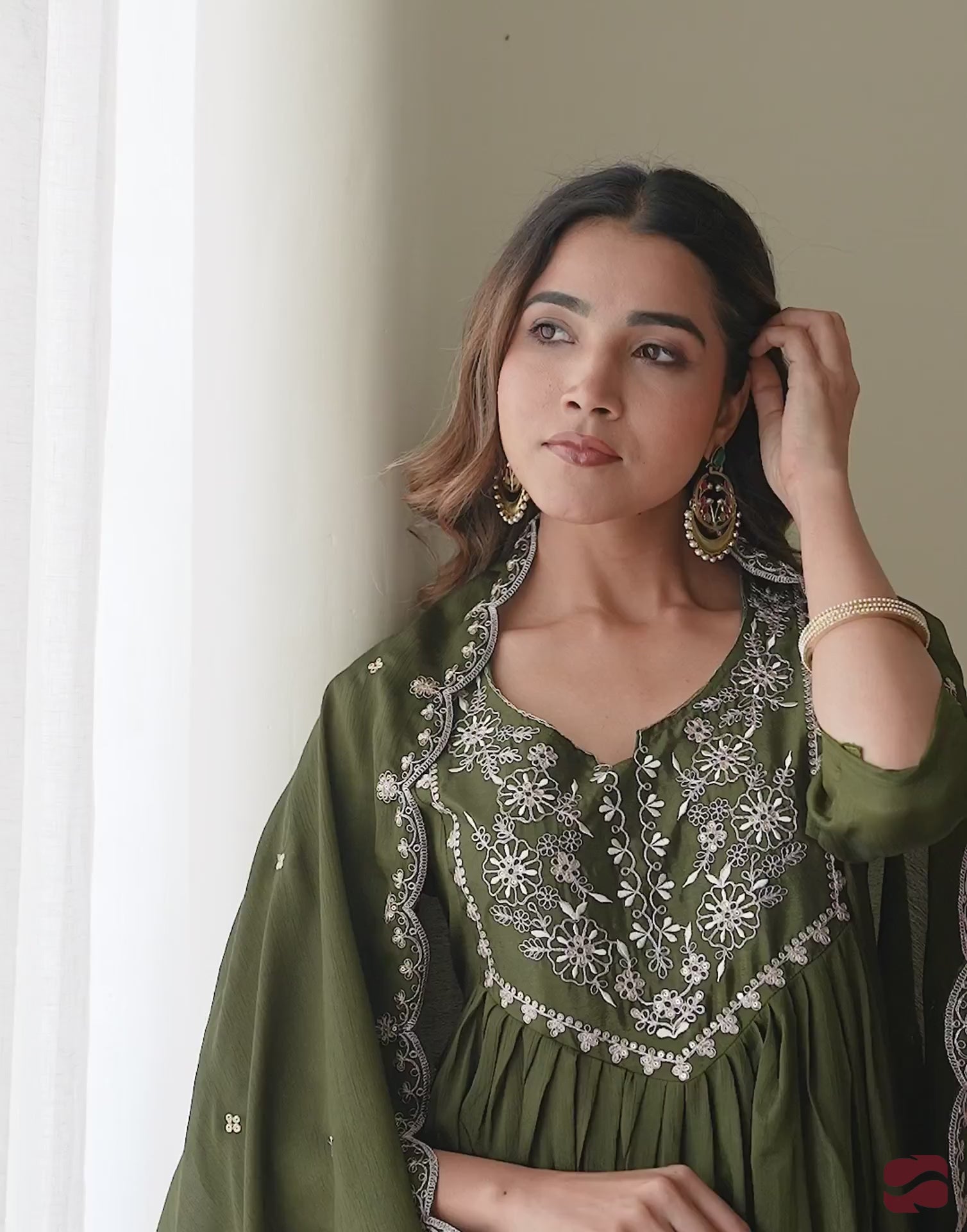 Green Silk Sequin Anarkali Kurta Set with Pant & Dupatta under 1299 